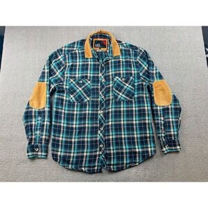 DRL Essentials Flannel Shirt Men L Blue Regular Plaid Patches Outdoor Gorpcore